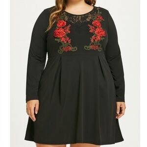 RoseGal dress 5X black stretch knee length long sleeve rose embroidered plus SZ